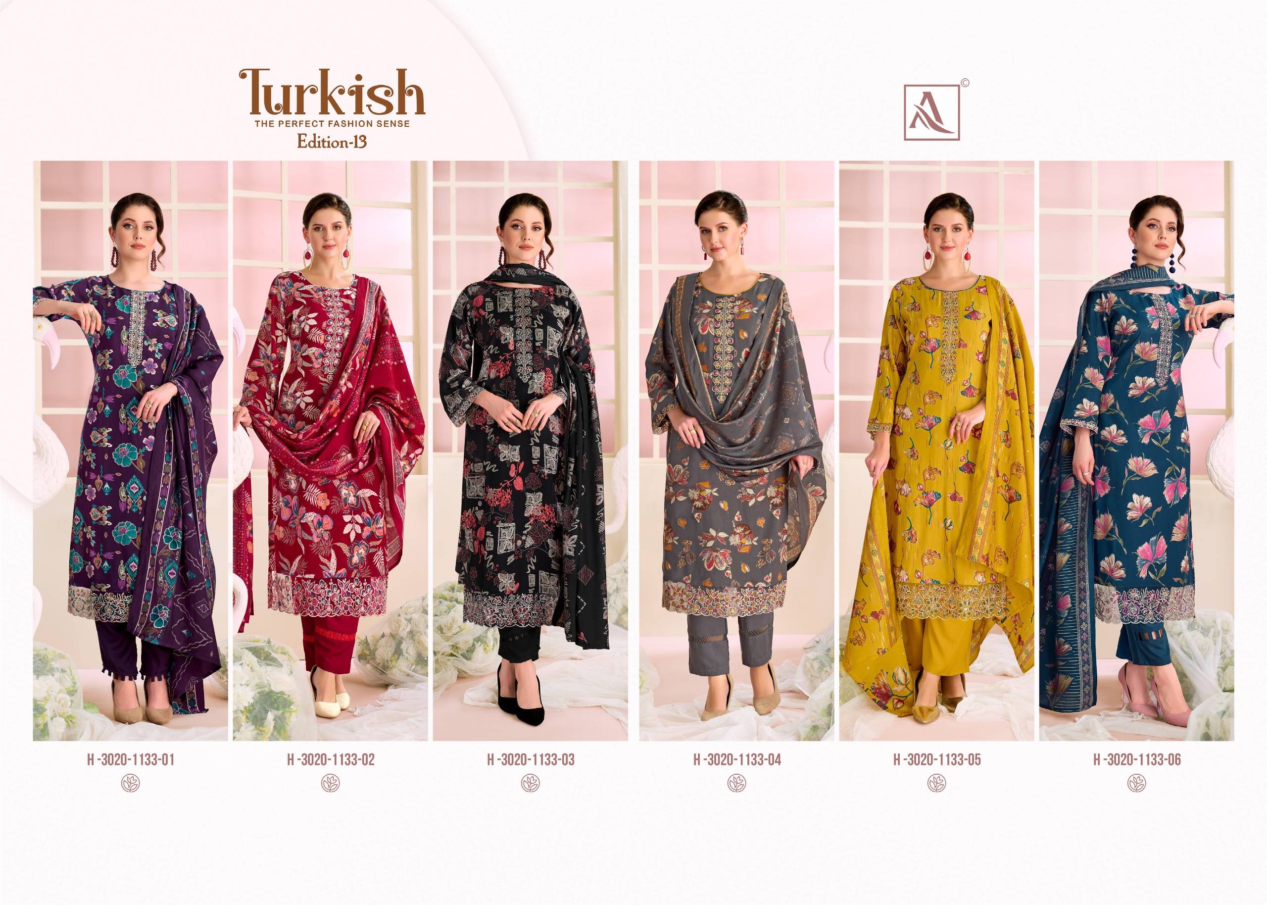 TURKISH-  vol-13 by Alok Suit 3020-1133-01 TO 3020-1133-06 SERIES Pakistani Stylish Embroidered Viscose Reyon COLLECTION At Wholesale Price